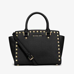 Michael Kors Studded Selma Satchel Bag Purse Medium Black